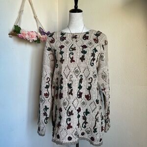 Vintage Cottagecore Knit Sweater with Floral Pattern size L